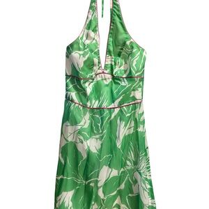 Vintage ABS by Allen Schwartz Silk Halter Dress – Green Floral w/ Pink Piping